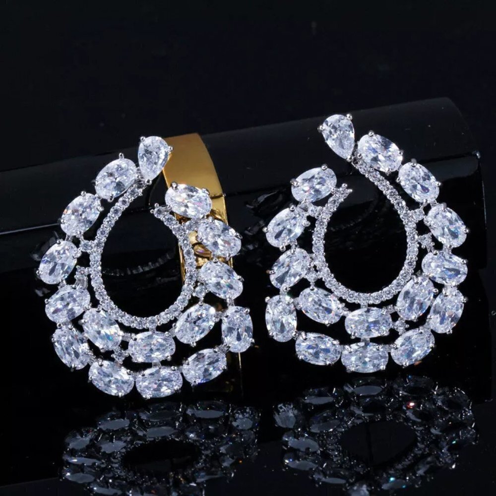 925 Silver Plated Big Oval Cut CZ Stone Earrings for Women, MLNN1076 - Picture 2 of 4